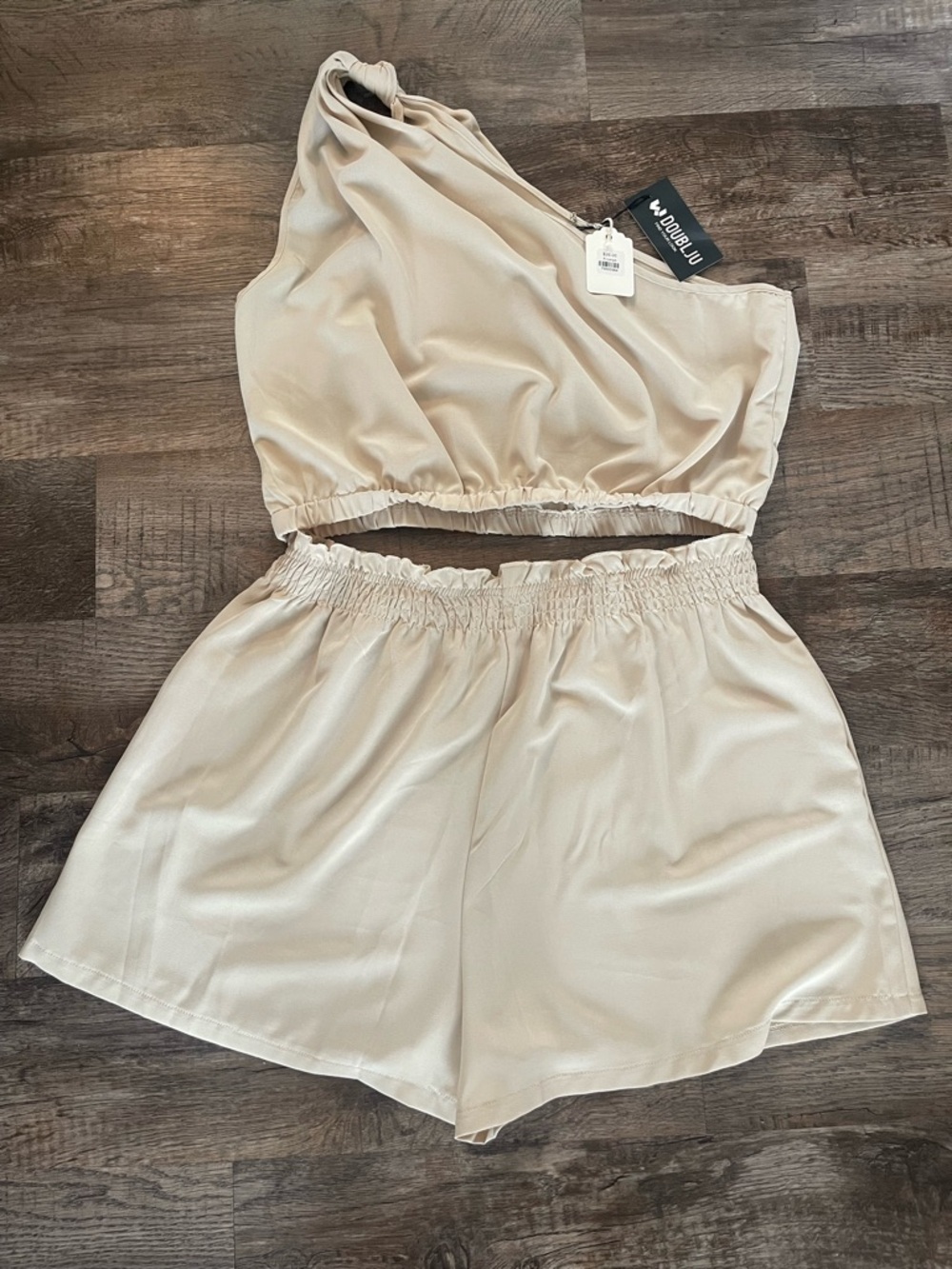 Doublju One-Shoulder Two-Piece Set - Beige